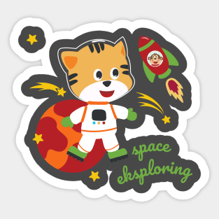 Space cat or astronaut in a space suit with cartoon style. Sticker